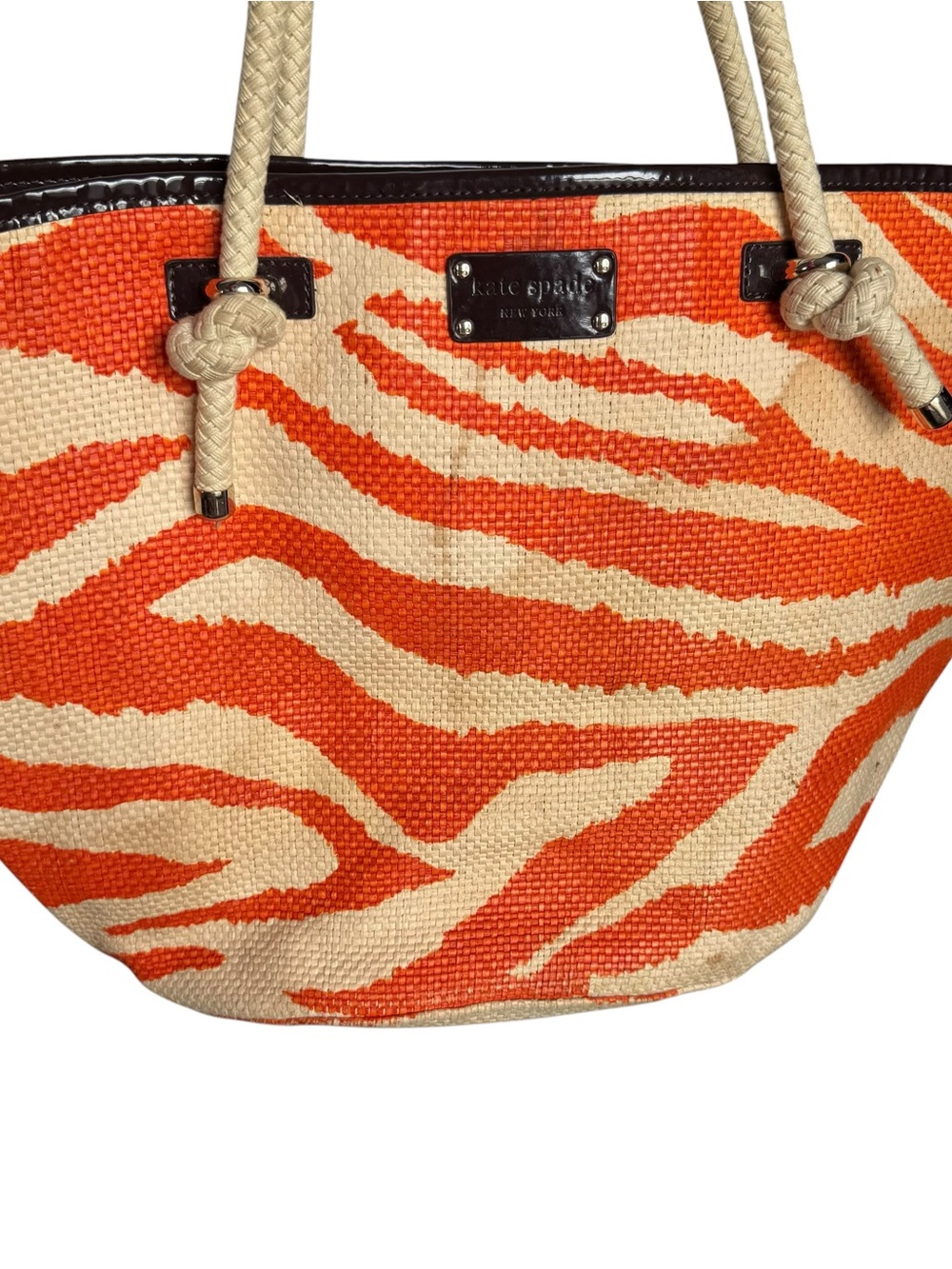 Kate Spade Wicker and Rope Tote Bag Orange Beige Zebra Print Beach Vacation - Picture 7 of 16